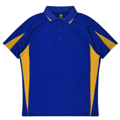 Royal blue with gold, performance fabric, Aussie Pacific N1304 Mens Eureka Polo, front view