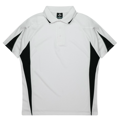 White with black panels, Aussie Pacific N1304 Mens Eureka Polo, front view, corporate sports teams