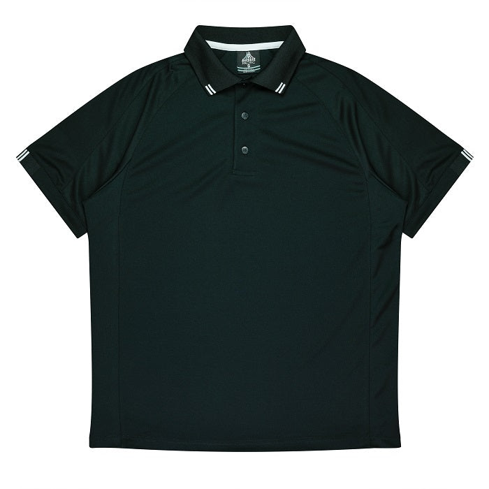 Front view, Aussie Pacific N1308 Flinders Mens Polos, Black with white accents, everyday sports polo shirt