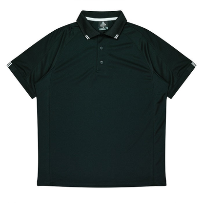 Front view, Aussie Pacific N1308 Flinders Mens Polos, Black with white accents, everyday sports polo shirt
