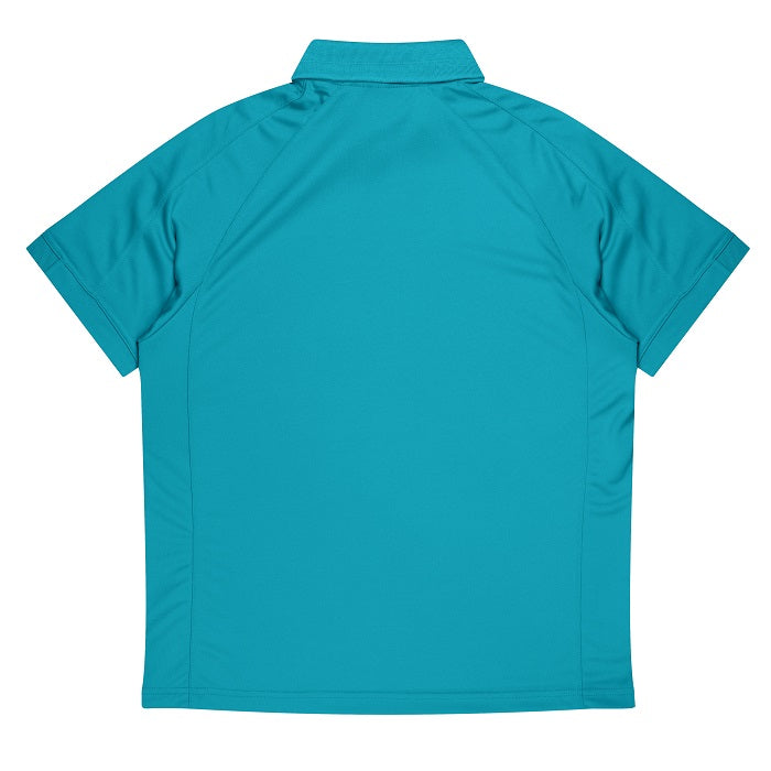 Aussie Pacific N1308 Flinders Mens Polos, back view, teal blue with black
