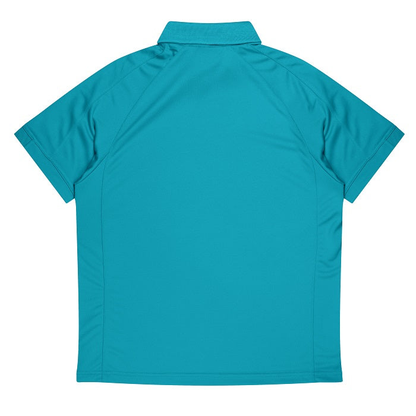 Aussie Pacific N1308 Flinders Mens Polos, back view, teal blue with black