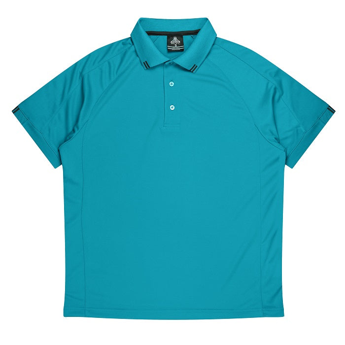 Aussie Pacific N1308 Flinders Mens Polos, teal blue with black accents, moisture removal technology, front view