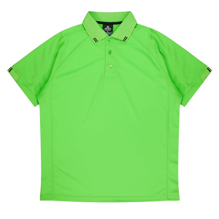 Bright apple green with black accents, sports polo shirt, Aussie Pacific N1308 Flinders Mens Polos, front view