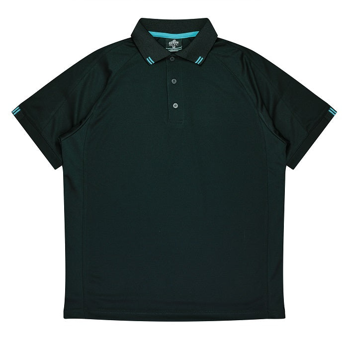 Black with teal accents, Aussie Pacific N1308 Flinders Mens Polos, front view, premium fabric