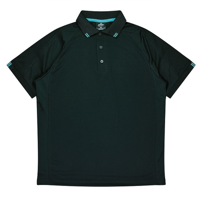 Black with teal accents, Aussie Pacific N1308 Flinders Mens Polos, front view, premium fabric