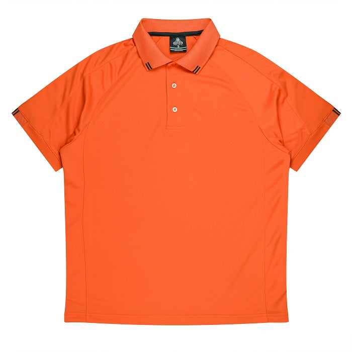 Orange with slate grey accents, breathable, premium fabric, Aussie Pacific N1308 Flinders Mens Polos, front view