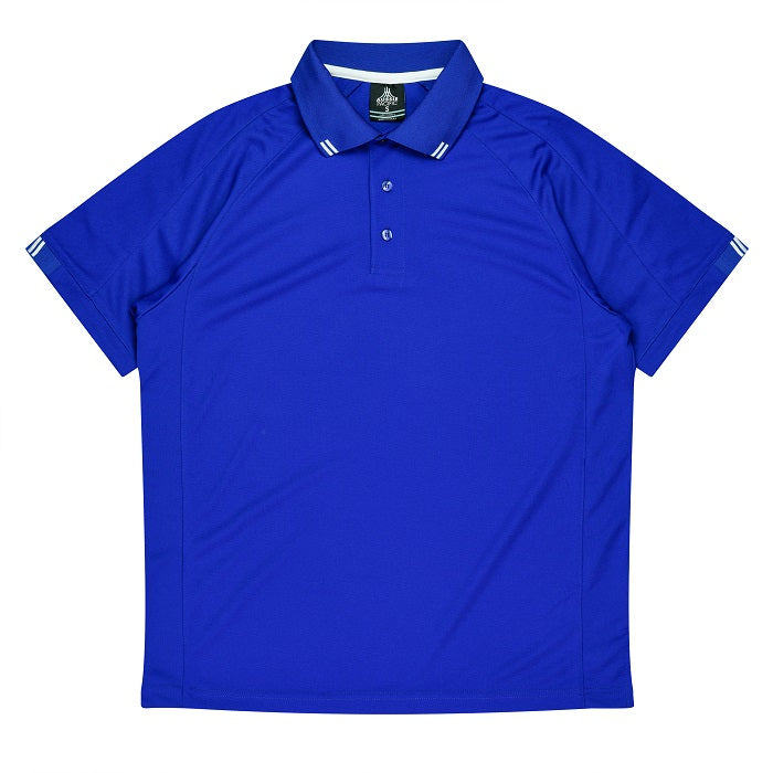 Royal blue, white accents, Aussie Pacific N1308 Flinders Mens Polos, front view, long wearing