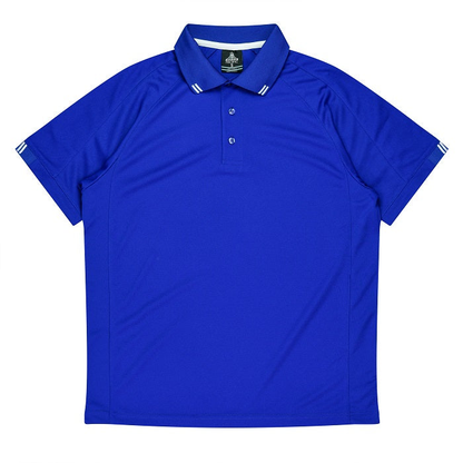 Royal blue, white accents, Aussie Pacific N1308 Flinders Mens Polos, front view, long wearing