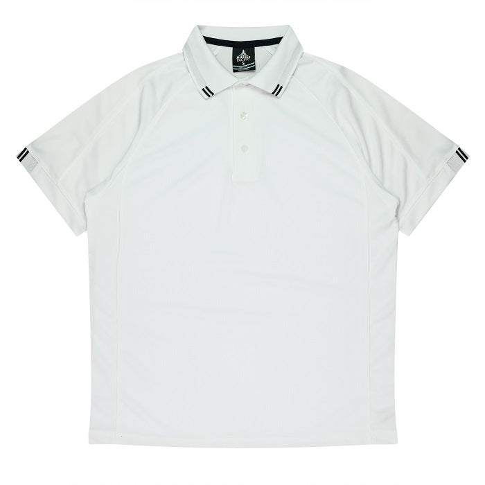 White short-sleeve polo shirt with black stripe accents on the collar and sleeve, Aussie Pacific N1308 Flinders Mens Polos, front view