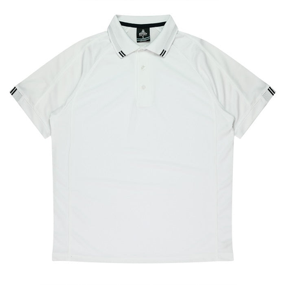 White short-sleeve polo shirt with black stripe accents on the collar and sleeve, Aussie Pacific N1308 Flinders Mens Polos, front view