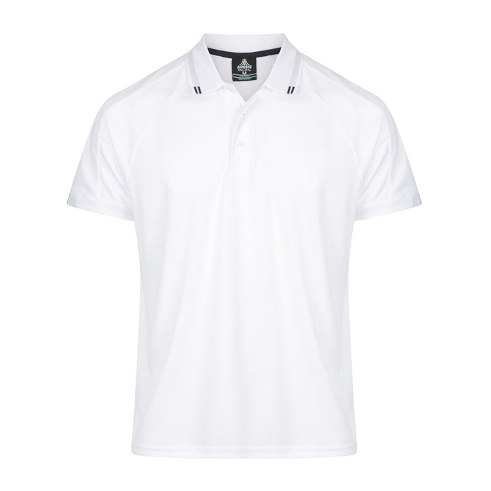 Smart work polo shirt, white with navy accents, Aussie Pacific N1308 Flinders Mens Polos, front view