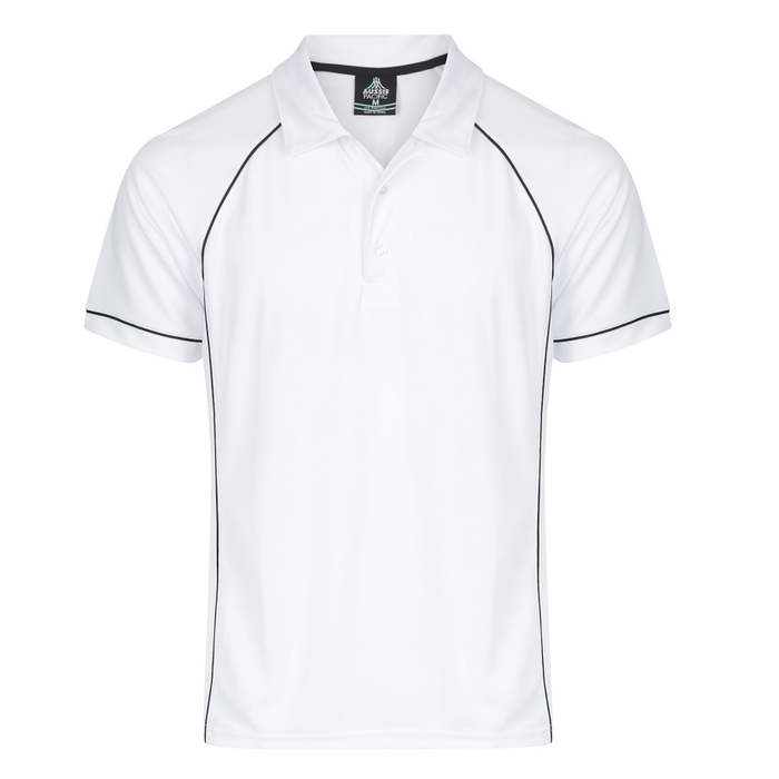 White with navy piping, fitness, Aussie Pacific N1310 Mens Endeavour Polo, front view