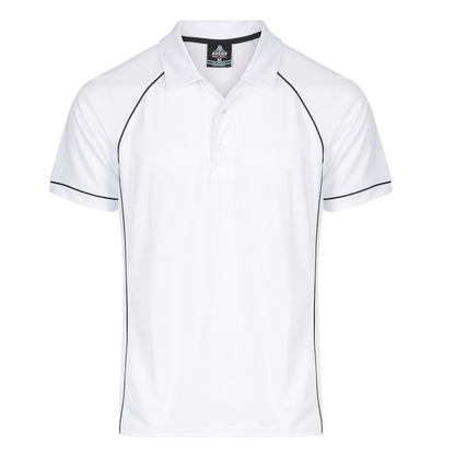 White with navy piping, fitness, Aussie Pacific N1310 Mens Endeavour Polo, front view
