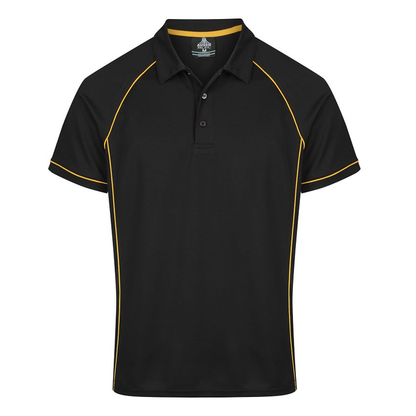 Black short sleeve classic polo shirt with orange piping, Aussie Pacific N1310 Mens Endeavour Polo, front view