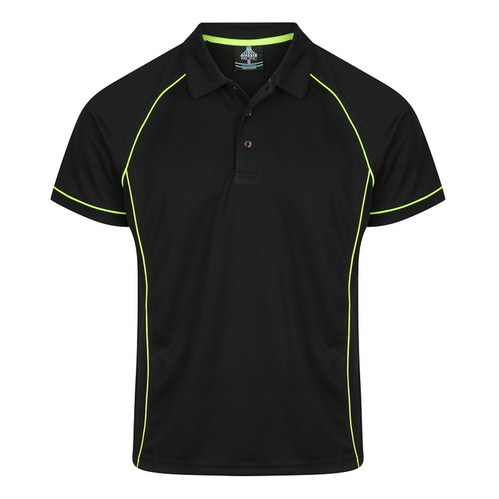 Black with lime green, breathable fabric, Aussie Pacific N1310 Mens Endeavour Polo, front view