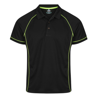 Black with lime green, breathable fabric, Aussie Pacific N1310 Mens Endeavour Polo, front view