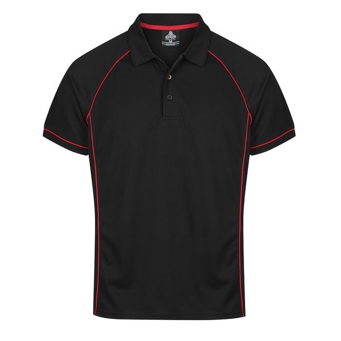 Black with red, athletic, Aussie Pacific N1310 Mens Endeavour Polo, front view