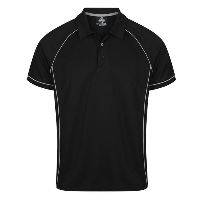 Black short sleeve professional, Aussie Pacific N1310 Mens Endeavour Polo with white piping, front view