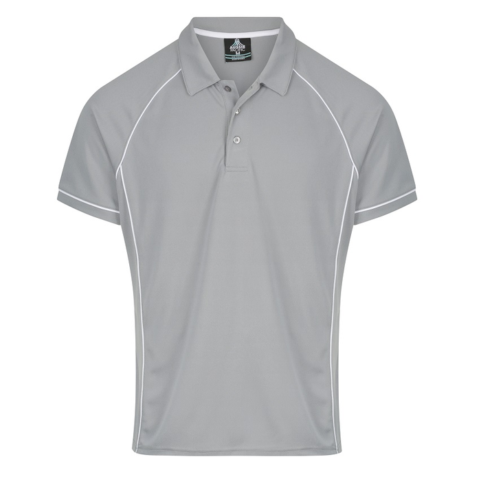 Silver /white, front view, Aussie Pacific N1310 Mens Endeavour Polo with side splits for modern fit