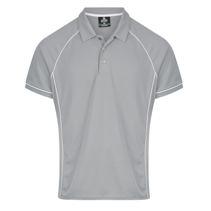 Silver /white, front view, Aussie Pacific N1310 Mens Endeavour Polo with side splits for modern fit