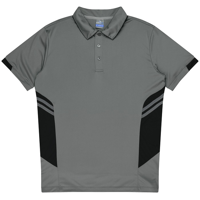 Ashe grey short-sleeve polo shirt with black side panels , Aussie Pacific N1311 Mens Tasman Polo, front view