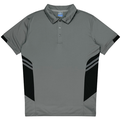 Ashe grey short-sleeve polo shirt with black side panels , Aussie Pacific N1311 Mens Tasman Polo, front view