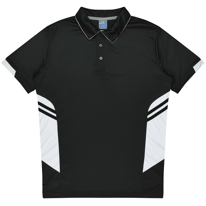 Aussie Pacific N1311 Mens Tasman Polo, black and white performance fabric, sports polo, front view