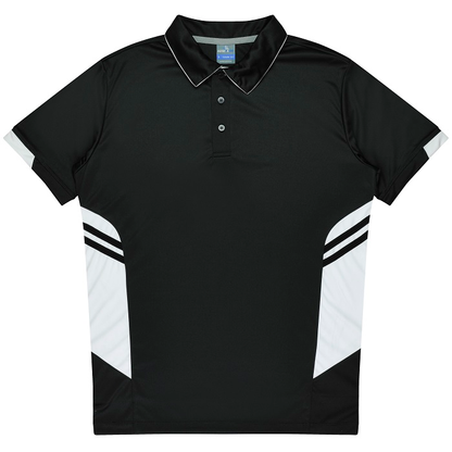 Aussie Pacific N1311 Mens Tasman Polo, black and white performance fabric, sports polo, front view