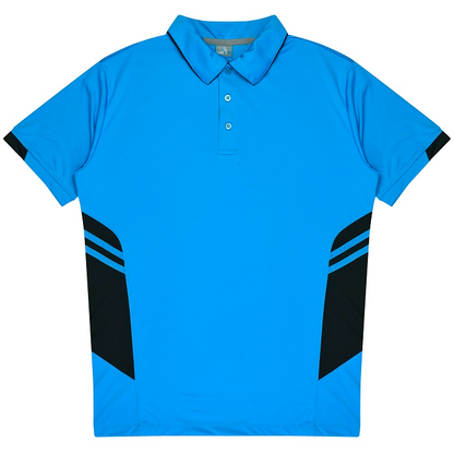 Aussie Pacific N1311 Mens Tasman Polo, cyan blue, front view, fitness polo shirt