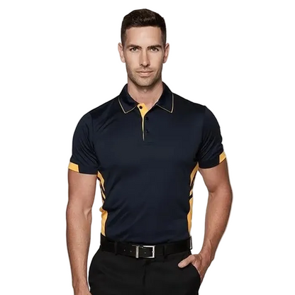 Aussie Pacific N1311 Mens Tasman Polo, Model lifestyle view, navy/ gold profesional polo shirt