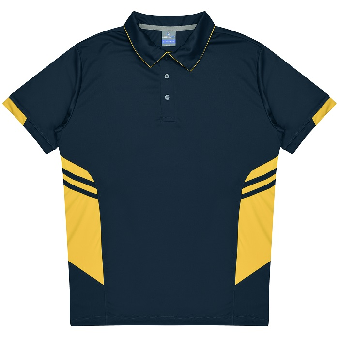 Aussie Pacific N1311 Mens Tasman Polo, navy gold, front view, lightweight cooling fabric