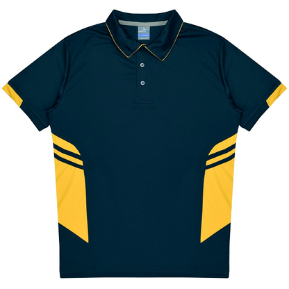 Aussie Pacific N1311 Mens Tasman Polo, navy gold, front view, lightweight cooling fabric