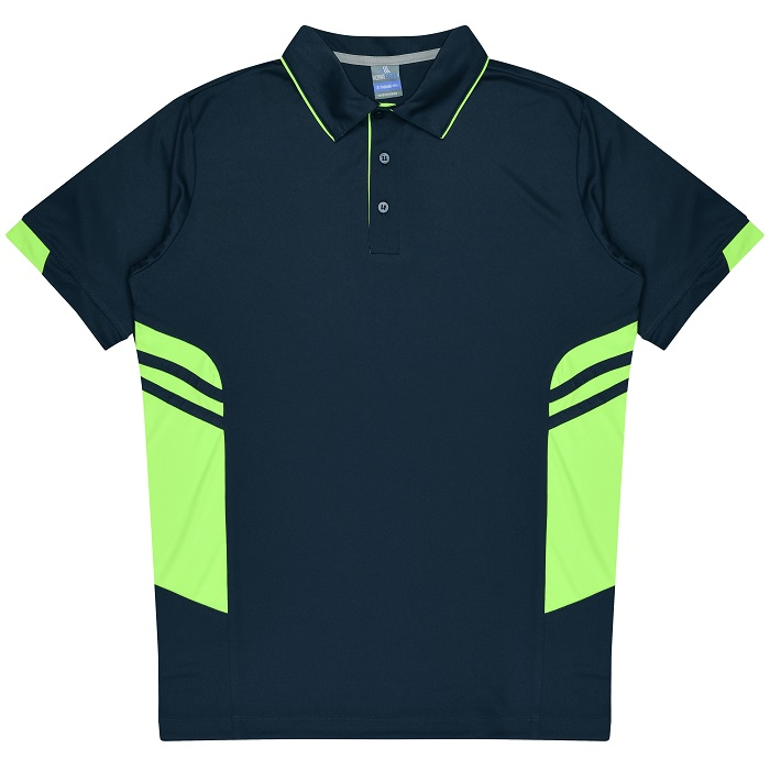 Navy and neon green, modern fit, Aussie Pacific N1311 Mens Tasman Polo, front view