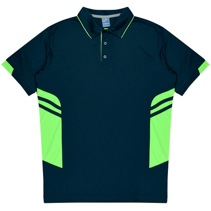 Navy and neon green, modern fit, Aussie Pacific N1311 Mens Tasman Polo, front view