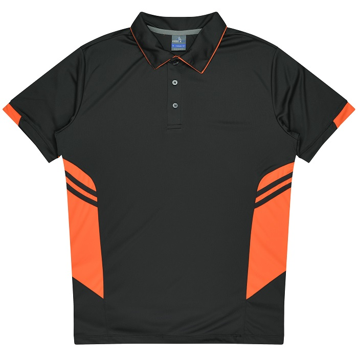 Aussie Pacific N1311 Mens Tasman Polo, front view, slate neon orange