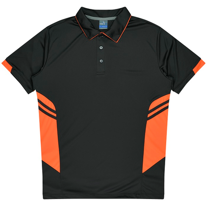 Aussie Pacific N1311 Mens Tasman Polo, front view, slate neon orange