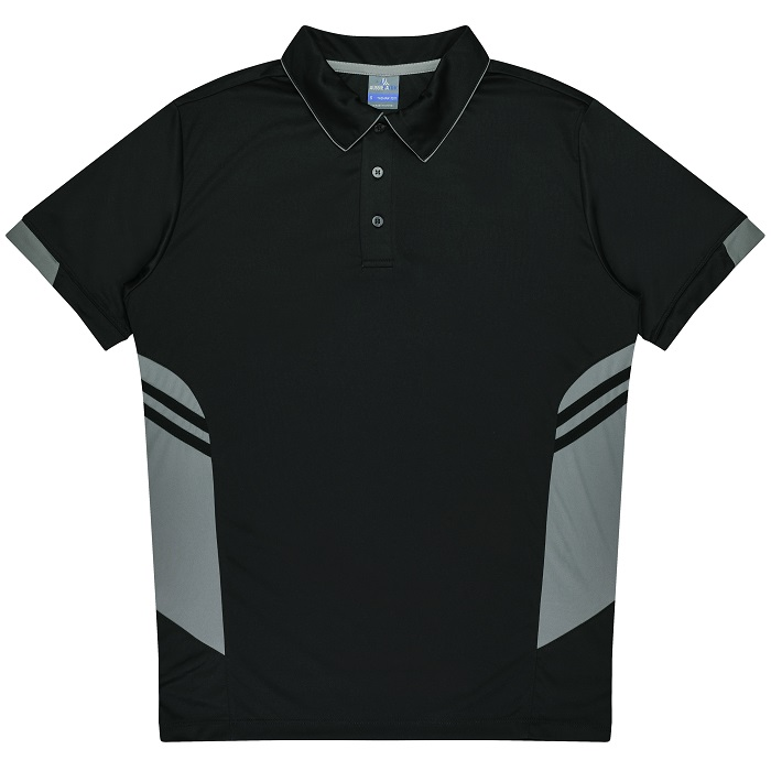 Aussie Pacific N1311 Mens Tasman Polo, black with ashe grey, front view, fitness modern fitness polo shirt