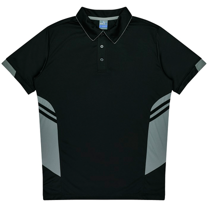 Aussie Pacific N1311 Mens Tasman Polo, black with ashe grey, front view, fitness modern fitness polo shirt