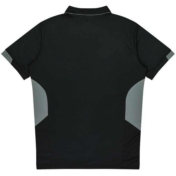 Black with grey side panels, rear view, Aussie Pacific N1311 Mens Tasman Polo