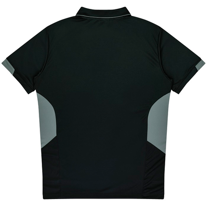 Black with grey side panels, rear view, Aussie Pacific N1311 Mens Tasman Polo