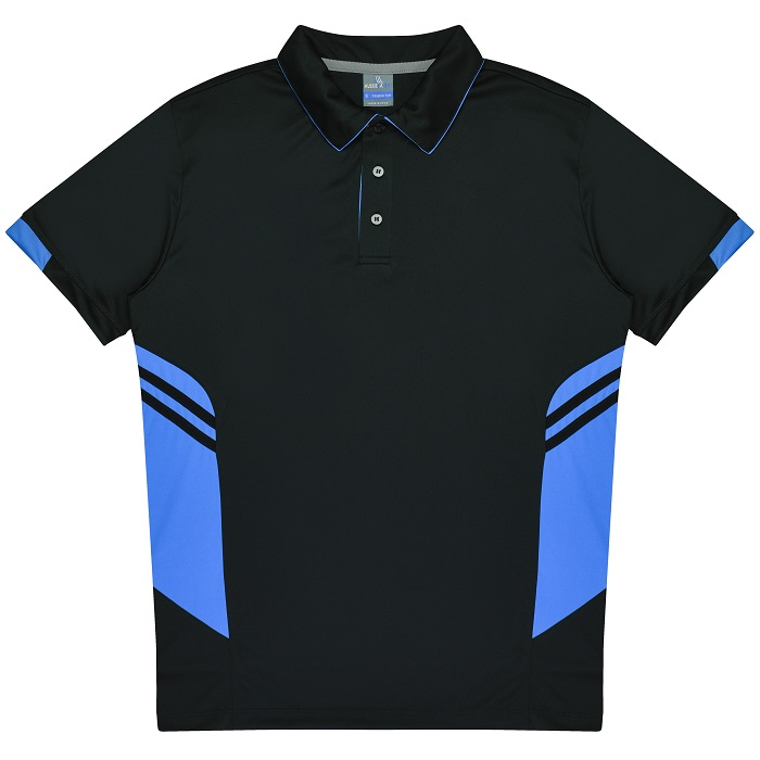 Black and cyan blue, Aussie Pacific N1311 Mens Tasman Polo, front view