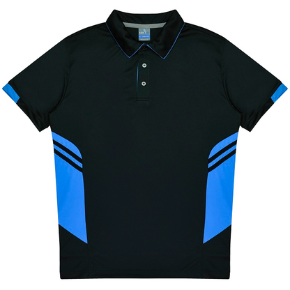 Black and cyan blue, Aussie Pacific N1311 Mens Tasman Polo, front view