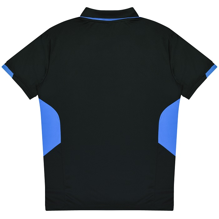 Black short-sleeve fitness polo shirt with cyan blue side accents, Aussie Pacific N1311 Mens Tasman Polo, rear view