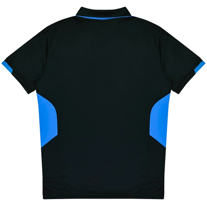Black short-sleeve fitness polo shirt with cyan blue side accents, Aussie Pacific N1311 Mens Tasman Polo, rear view