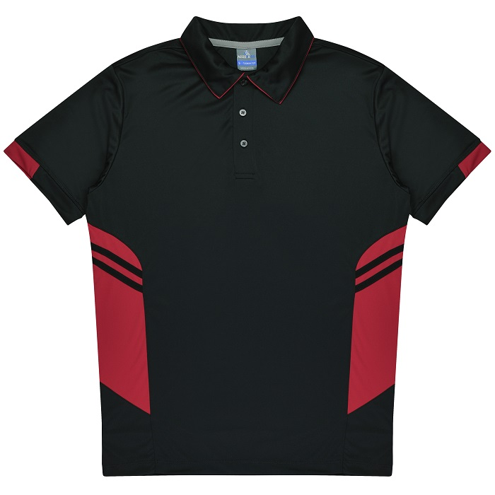 Black with red detail, easy care fabric, Aussie Pacific N1311 Mens Tasman Polo, front view