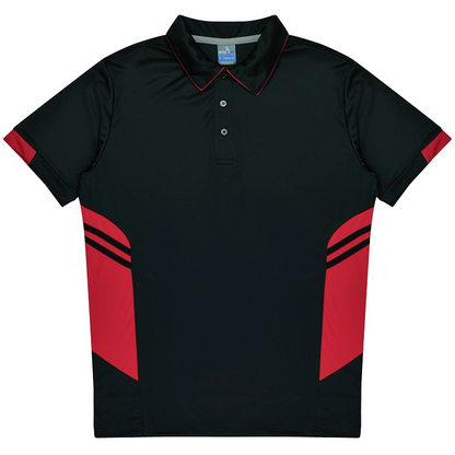Black with red detail, easy care fabric, Aussie Pacific N1311 Mens Tasman Polo, front view