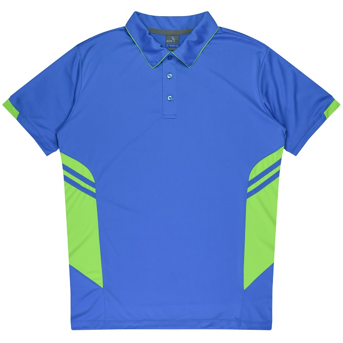 Cyan blue with Neon green, front view, Aussie Pacific N1311 Mens Tasman Polo