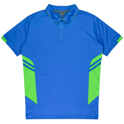 Cyan blue with Neon green, front view, Aussie Pacific N1311 Mens Tasman Polo