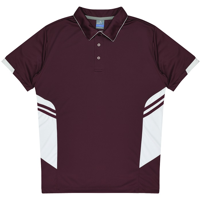 Maroon polo shirt with white accents Aussie Pacific N1311 Mens Tasman Polo, front view